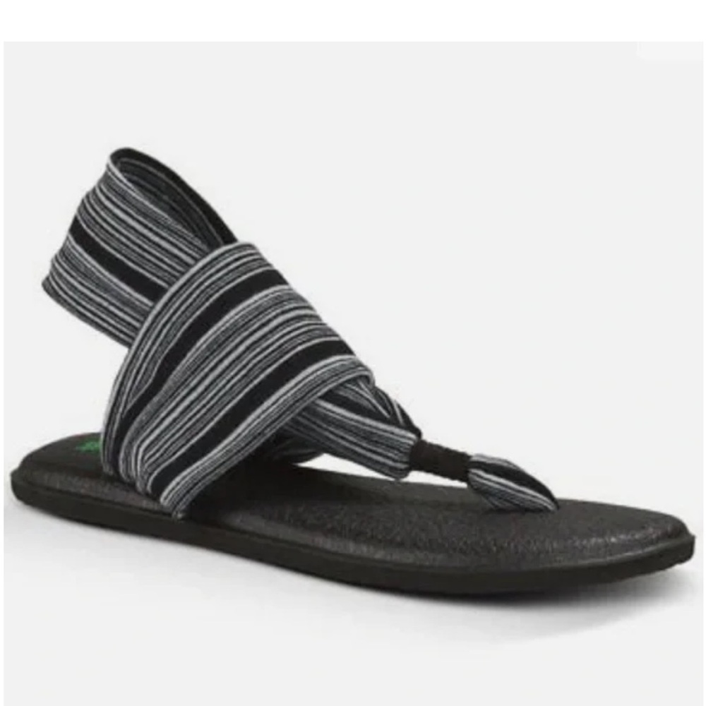 Sanuk Women's 7 Yoga Sling Sandal Black wWhite Striped Strap Soft Comfort Relax